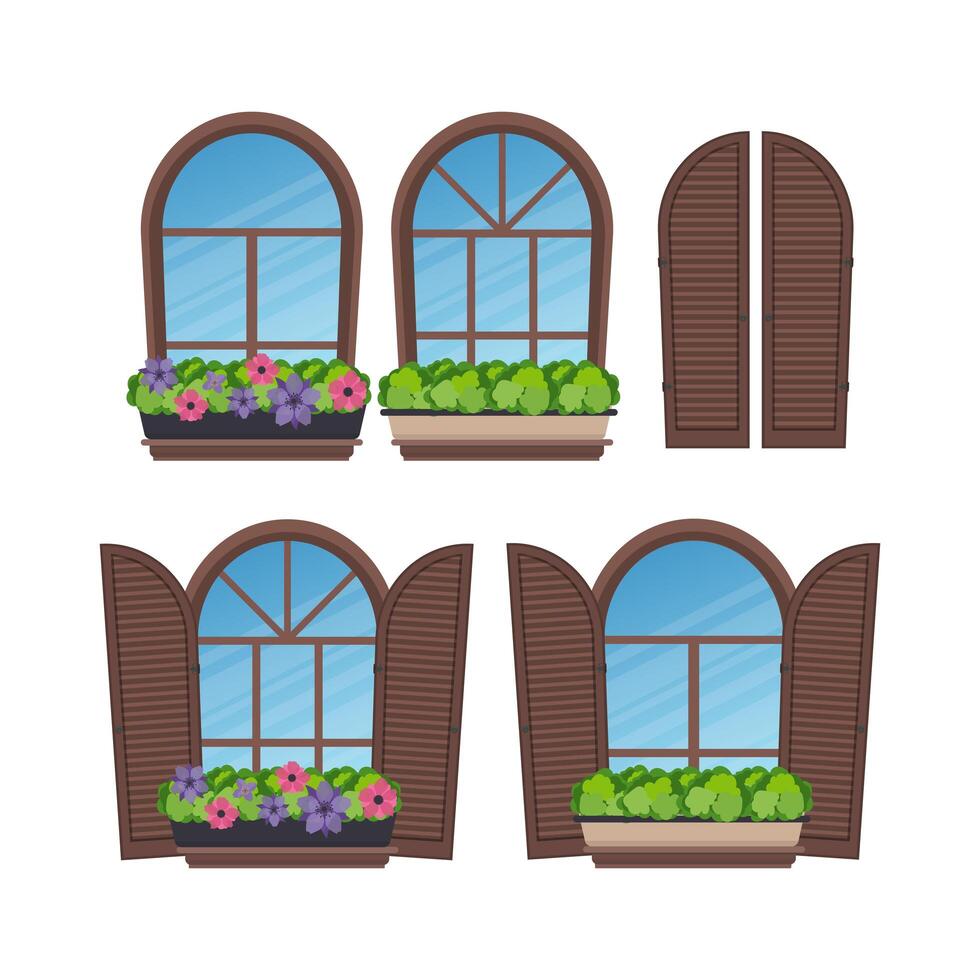 conjunto de ventanas semicirculares con persianas y flores. en un estilo plano. aislado. ilustración vectorial vector