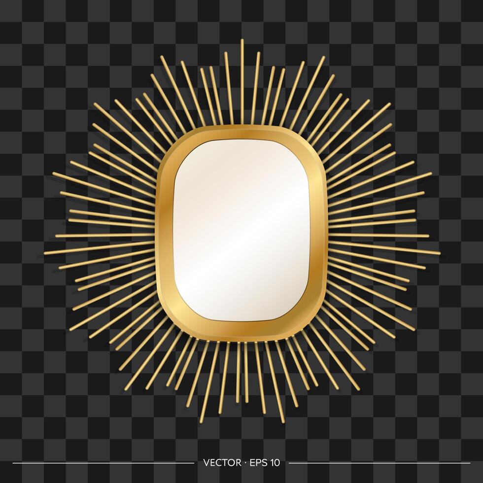 Designer rectangular mirror with golden frame and rays around. Realistic style. Vector illustration.