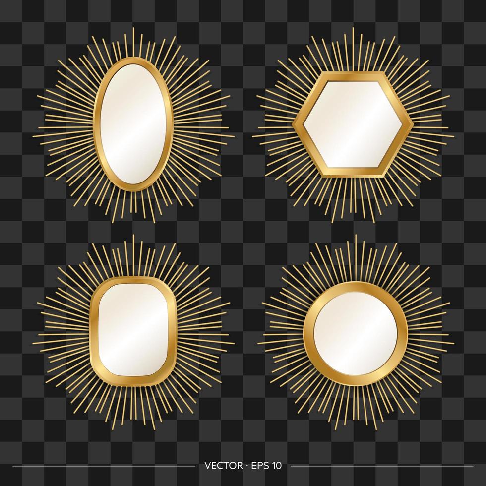 A set of Designer mirrors with a golden frame and rays around. Realistic style. Vector illustration.