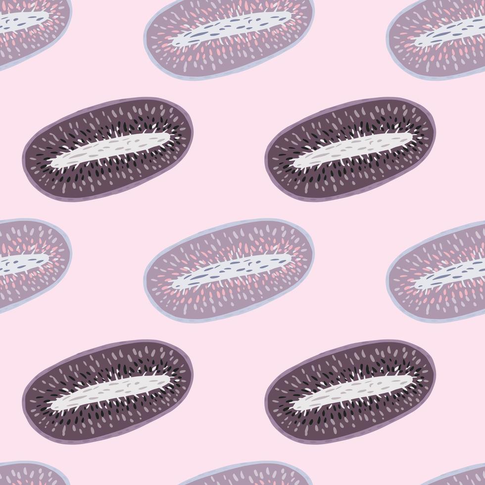 Hand drawn seamless pattern with purple light and dark kiwi ornament. Light pink background. vector
