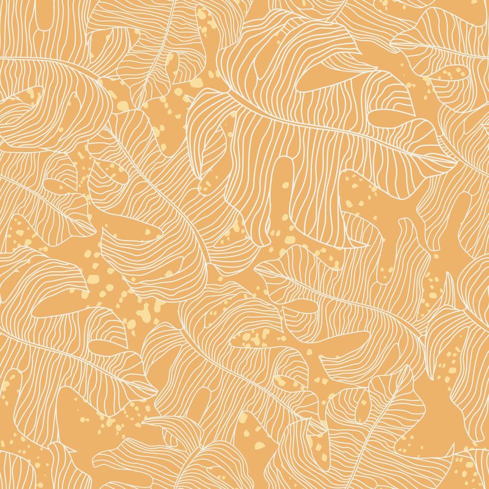 Random seamess pattern with monstera outline silhouettes ornament. Orange background with splashes. vector