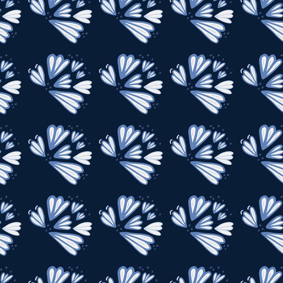 Seamless pattern with blue contoured flower shapes. Dark navy background. Simple floral backdrop. vector