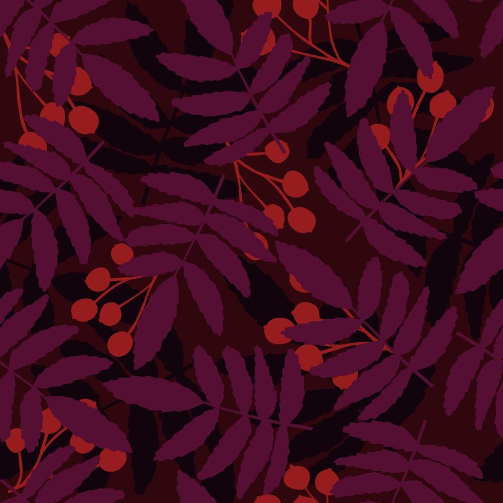 Red berry and branch seamless pattern on black background. Abstract leaves floral wallpaper. vector