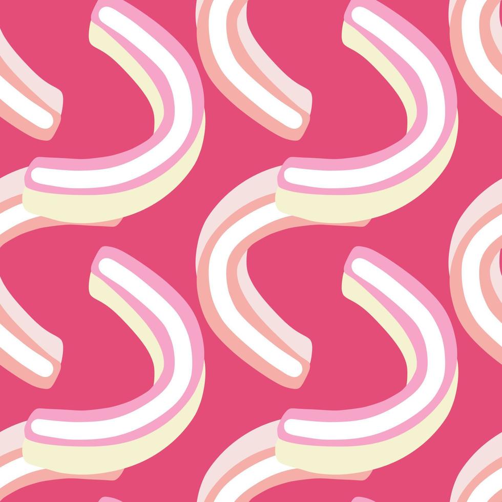 Funny doodle seamless pattern with white jelly candies sweet print. Bright pink background. Scribble style. vector
