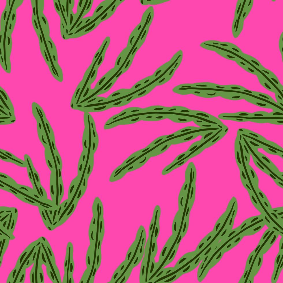 Abstract doodle creative seamless pattern with green random seaweed shapes print. Pink background. vector