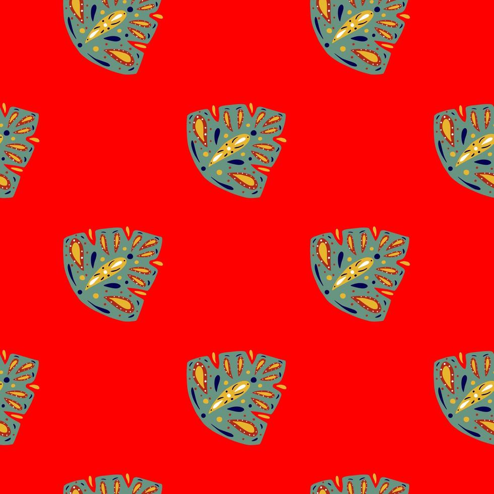 Abstract bright seamless pattern with green folk monstera leaves ornament. Red background. Doodle style. vector