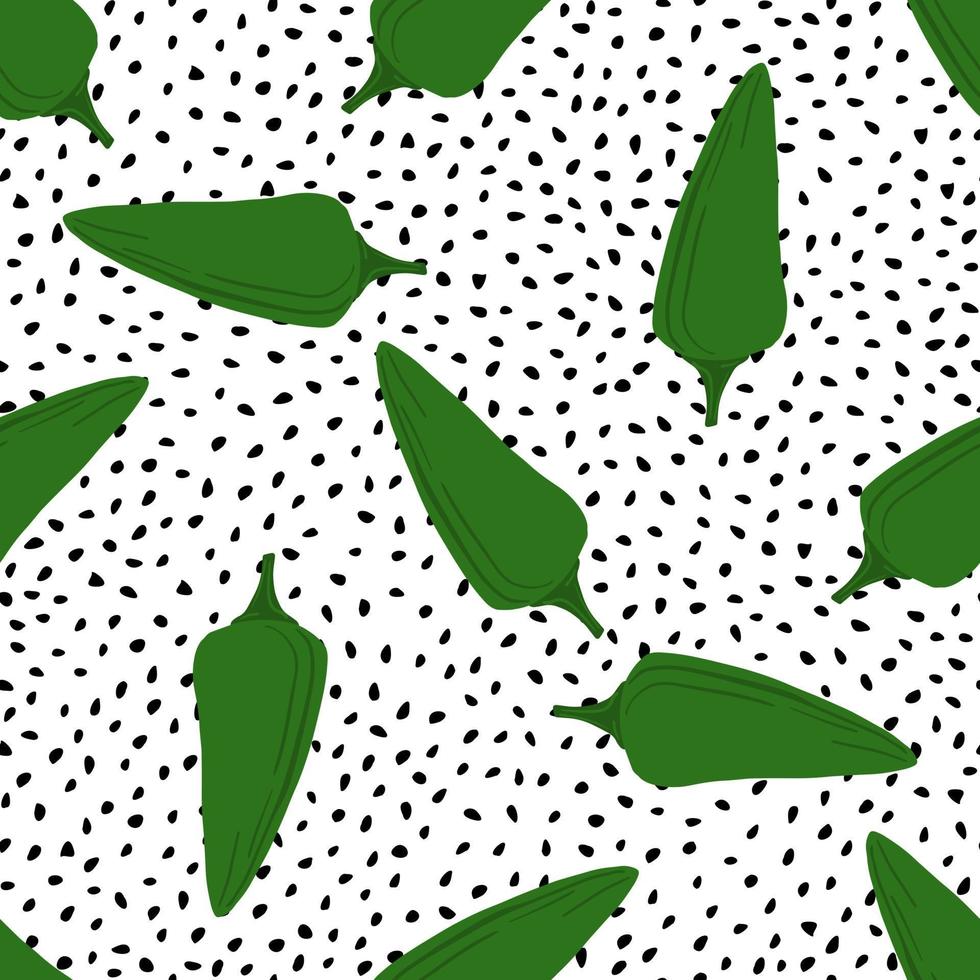 Green chili peppers seamless pattern on dotted background. vector