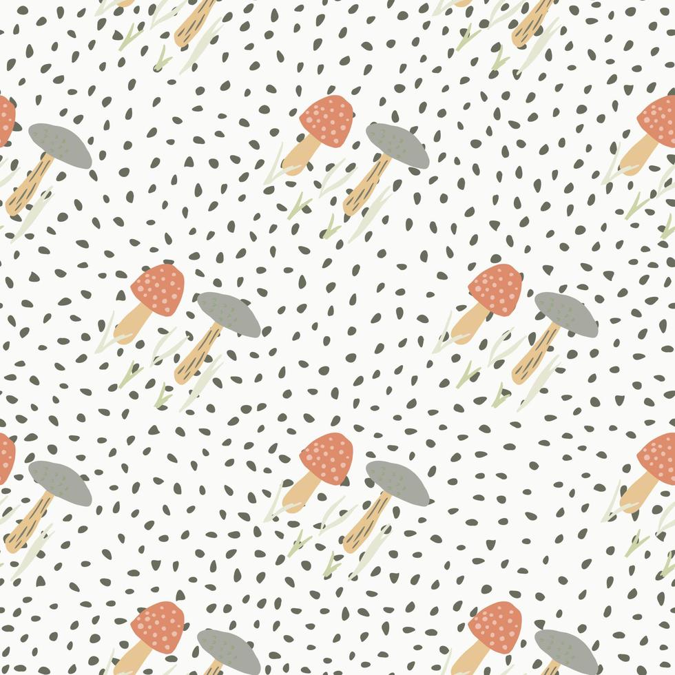 Red and blue pale mushrooms seamless hand drawn pattern. White background with black dots. vector