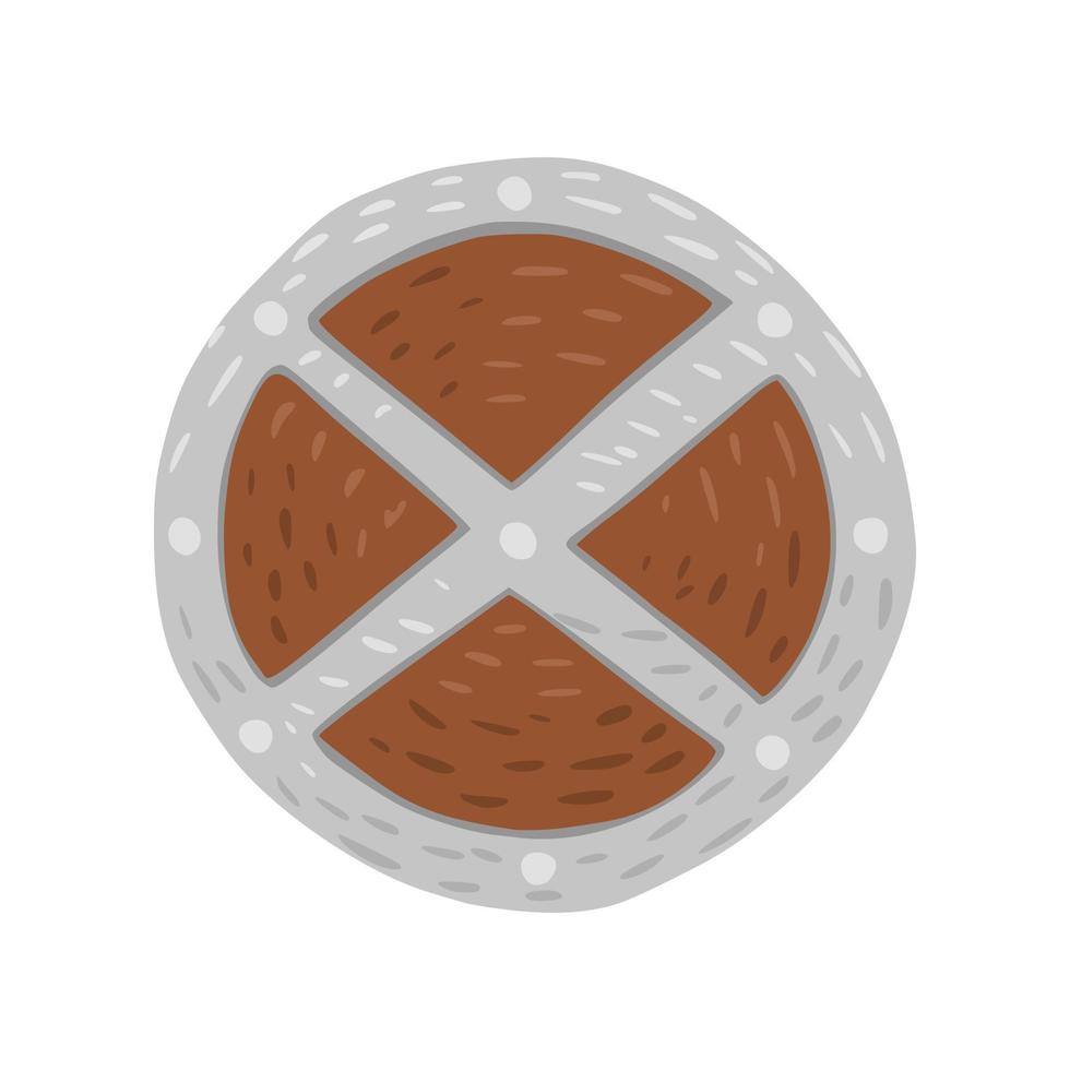 escudo redondo con madera aislado sobre fondo blanco. arma linda de dibujos animados de vikingo en estilo doodle. vector