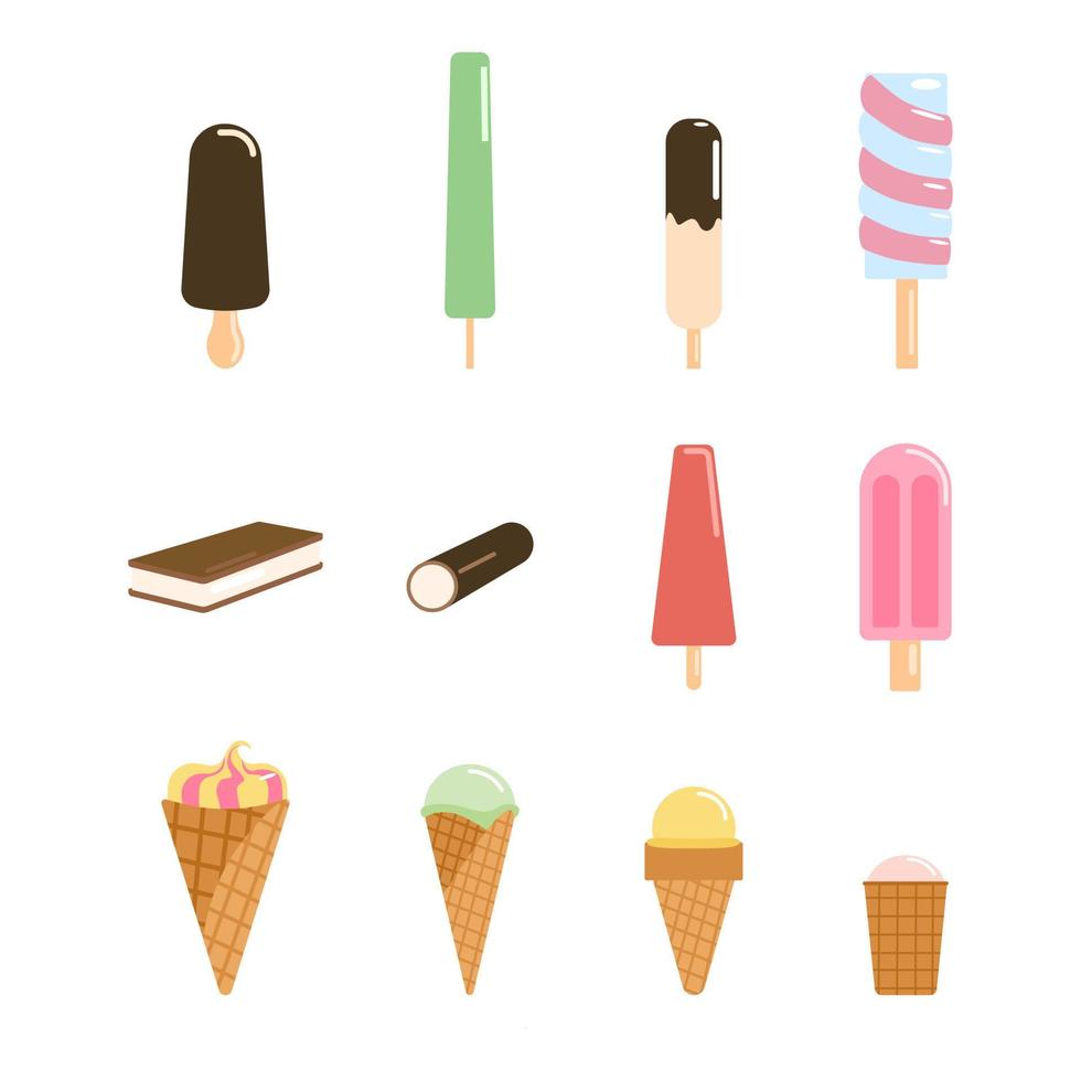 Set of ice cream. Collections popsicles, Frozen Yogurt, ice cream in chocolate glaze on a wooden stick vector