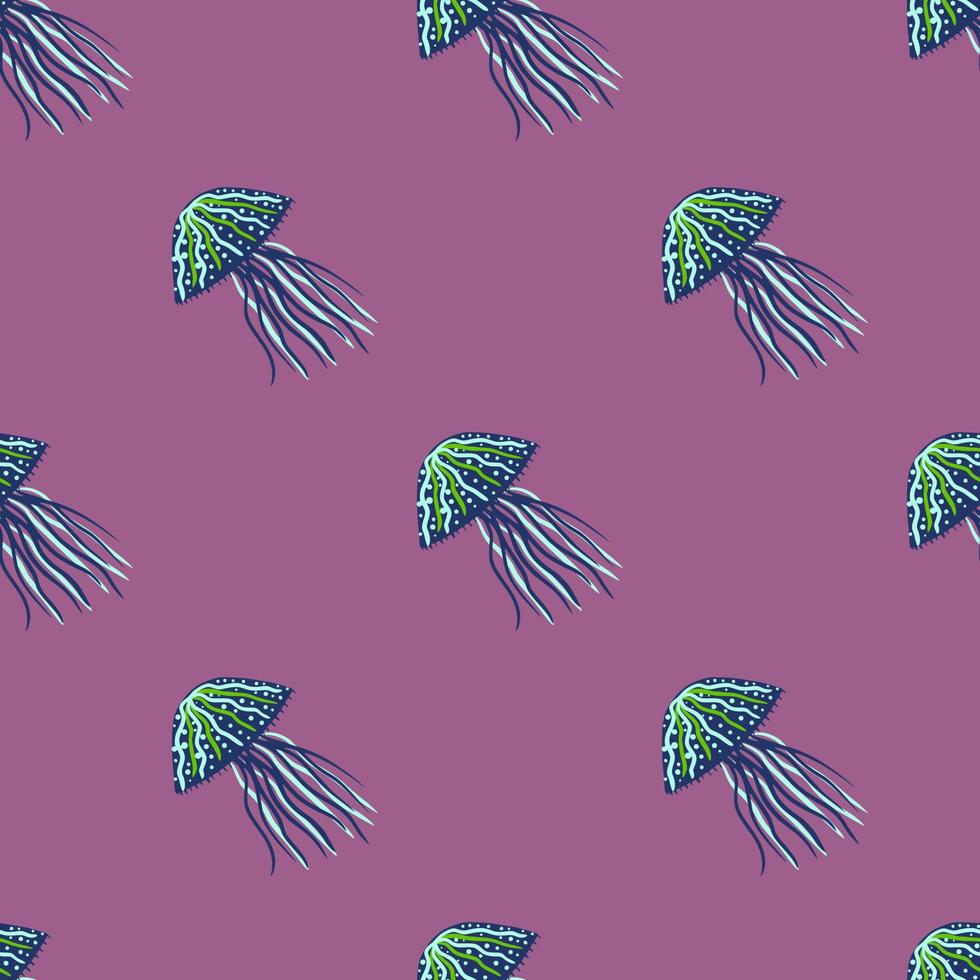 Navy blue and green colored jellyfish silhouettes seamless pattern. Light purple background. Cartoon marine print. vector