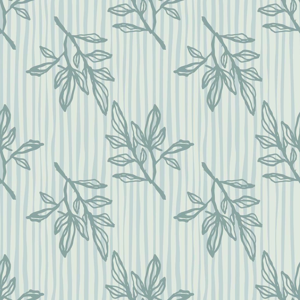 Nature print with branches seamless pattern. Navy contoured botanic ornament with light blue stripped background. vector