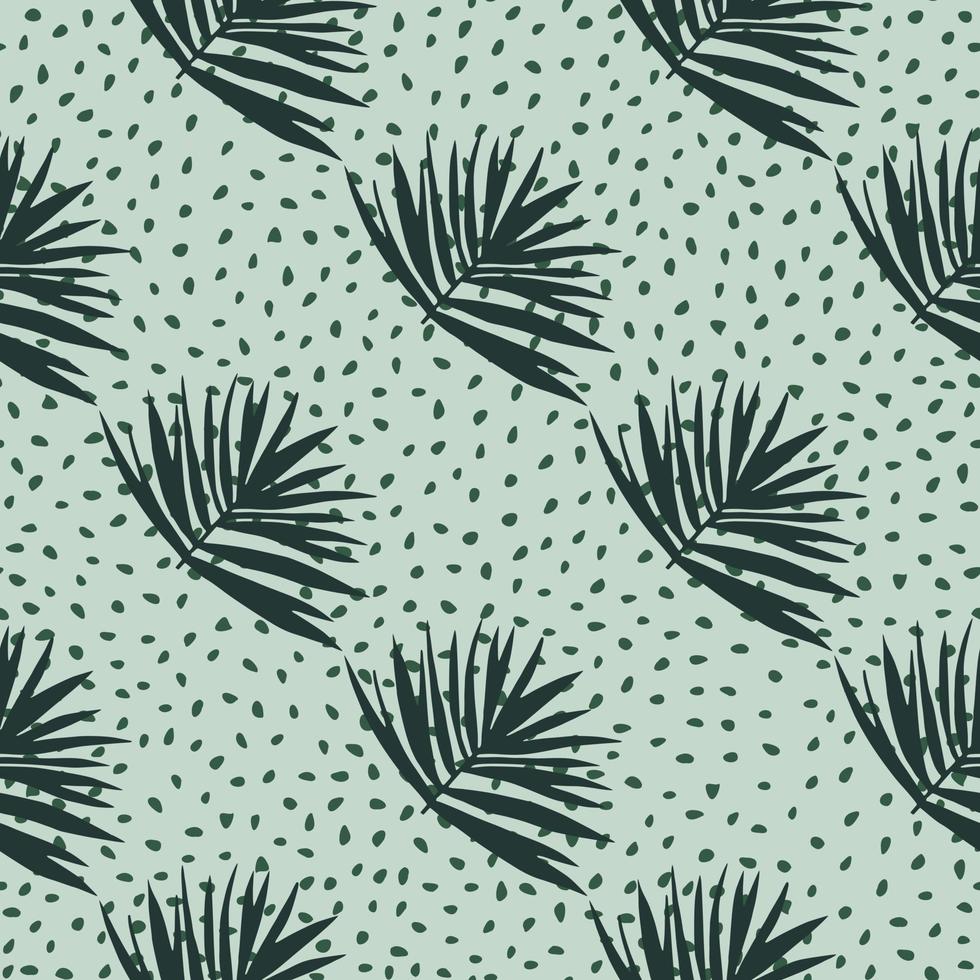 Hand drawn seamless pattern with bush leaves. Light blue background with dots and dark green tropical foliage ornament. vector