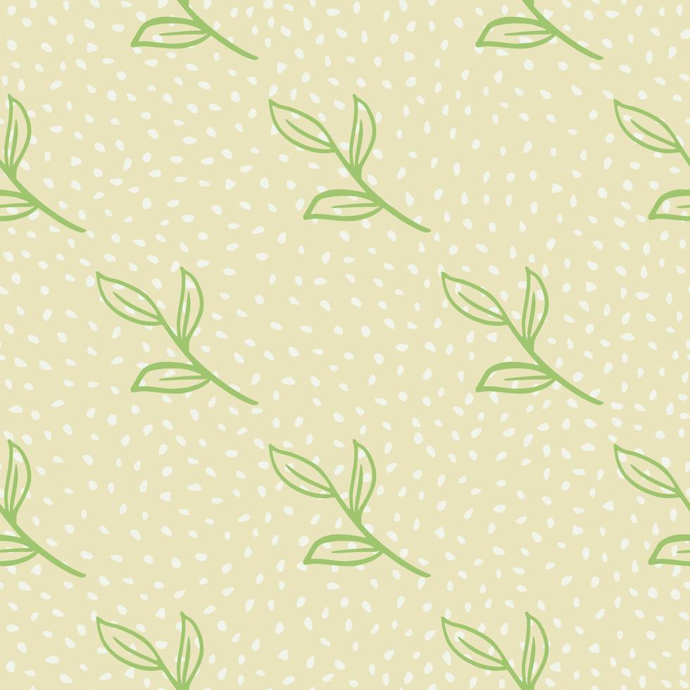 Seamless pattern with doodle hand drawn green outline leaves branches ornament. Dotted background. vector