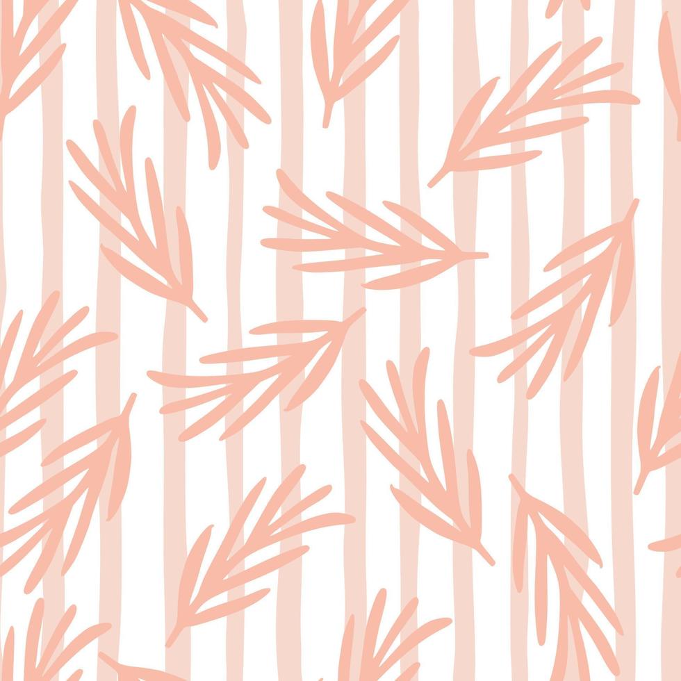 tierno patrón de garabato sin costuras con siluetas de ramas de hojas de color rosa. fondo rayado vector