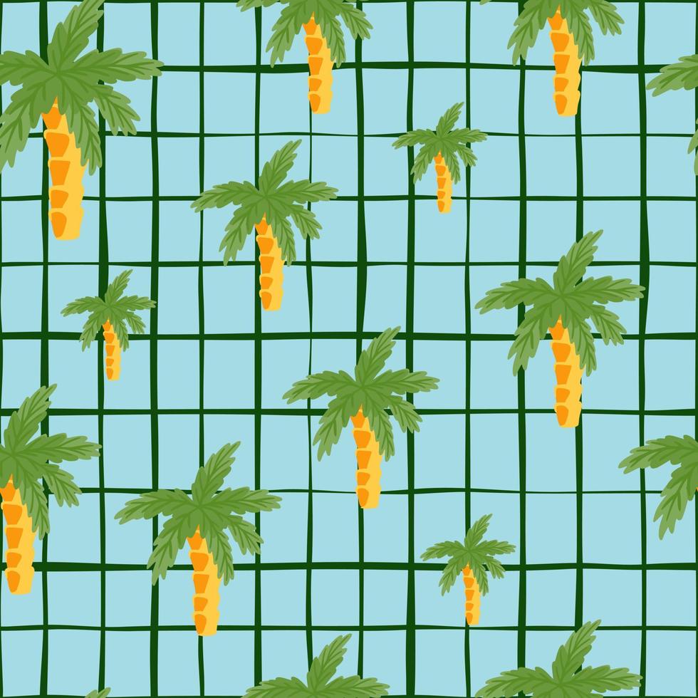 Green coconut palm silhouettes seamless doodle pattern. Blue chequered background. Random tropic artwork. vector