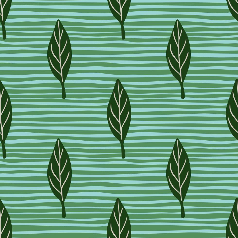 Spring style seamless pattern with green abstract leaf elements print. Striped turquoise background. vector