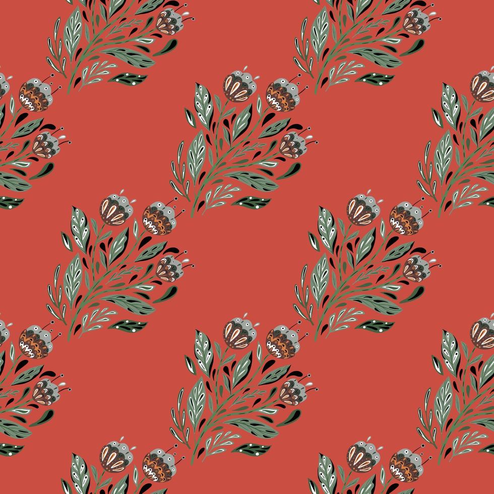 Scrapbook botanic seamless pattern with blue pale ethnic flowers bouquet ornament. Red pale background. vector