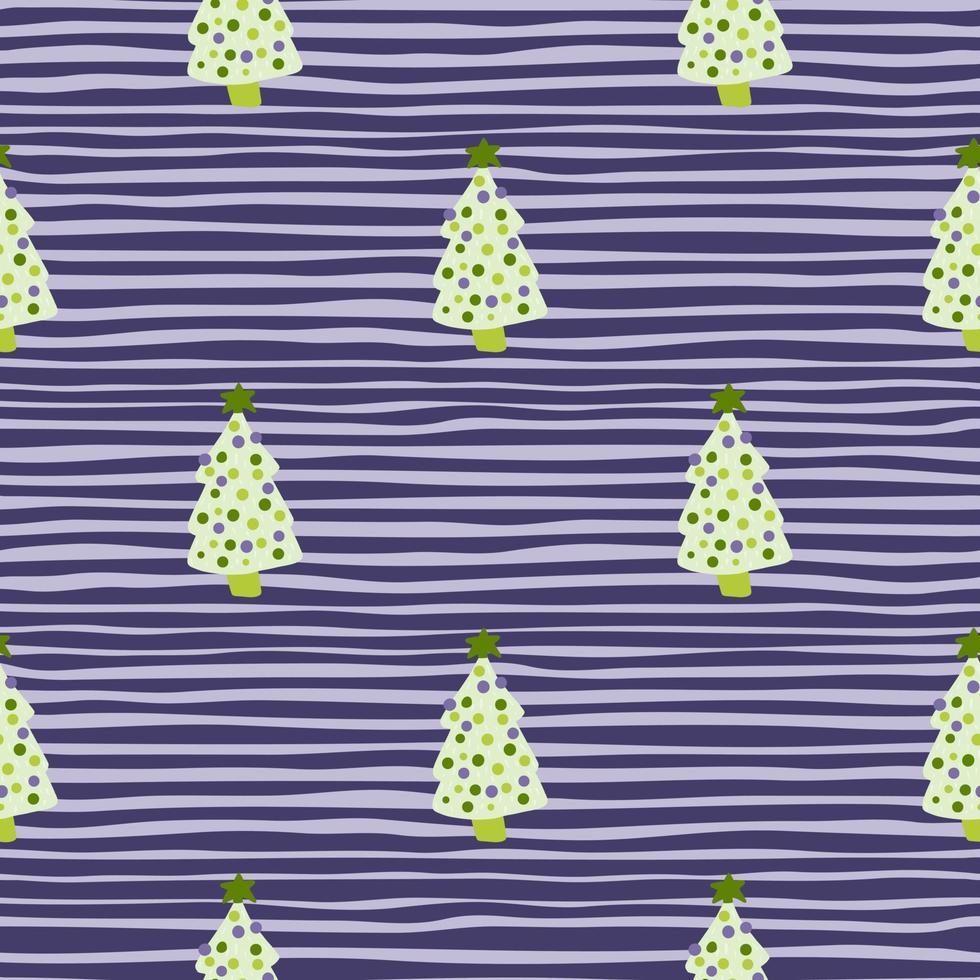 Light green christmas doodle tree toy seamless pattern. Purple and blue striped background. Holiday creative ornament. vector