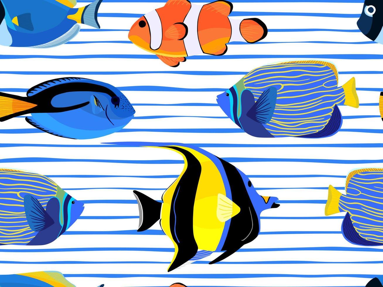 Fish underwater with bubbles seamless pattern on stripes background. vector