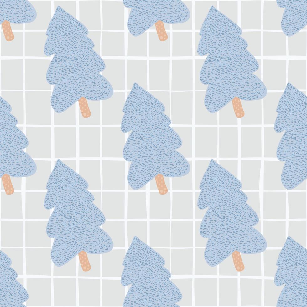 patrón impecable con árboles de Navidad azul claro sobre fondo a cuadros en tonos lilas. vector