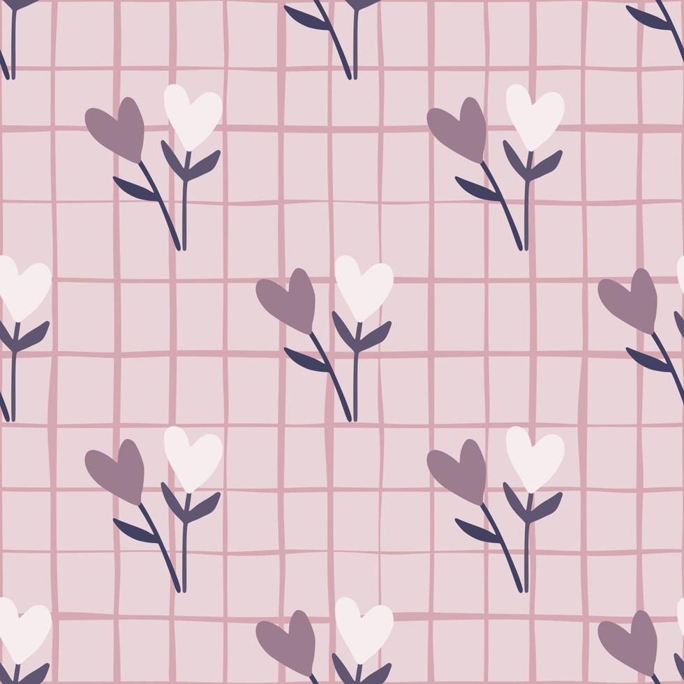 Botanic heart branches seamless pattern. Light pastel pink chequered background with purple and white elements. vector
