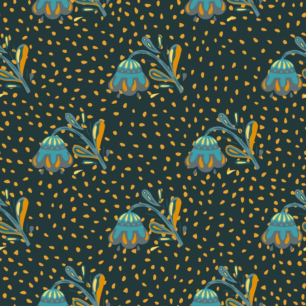 Abstract seamless pattern with folk flowers blue ornament. Dark background with orane dots. vector