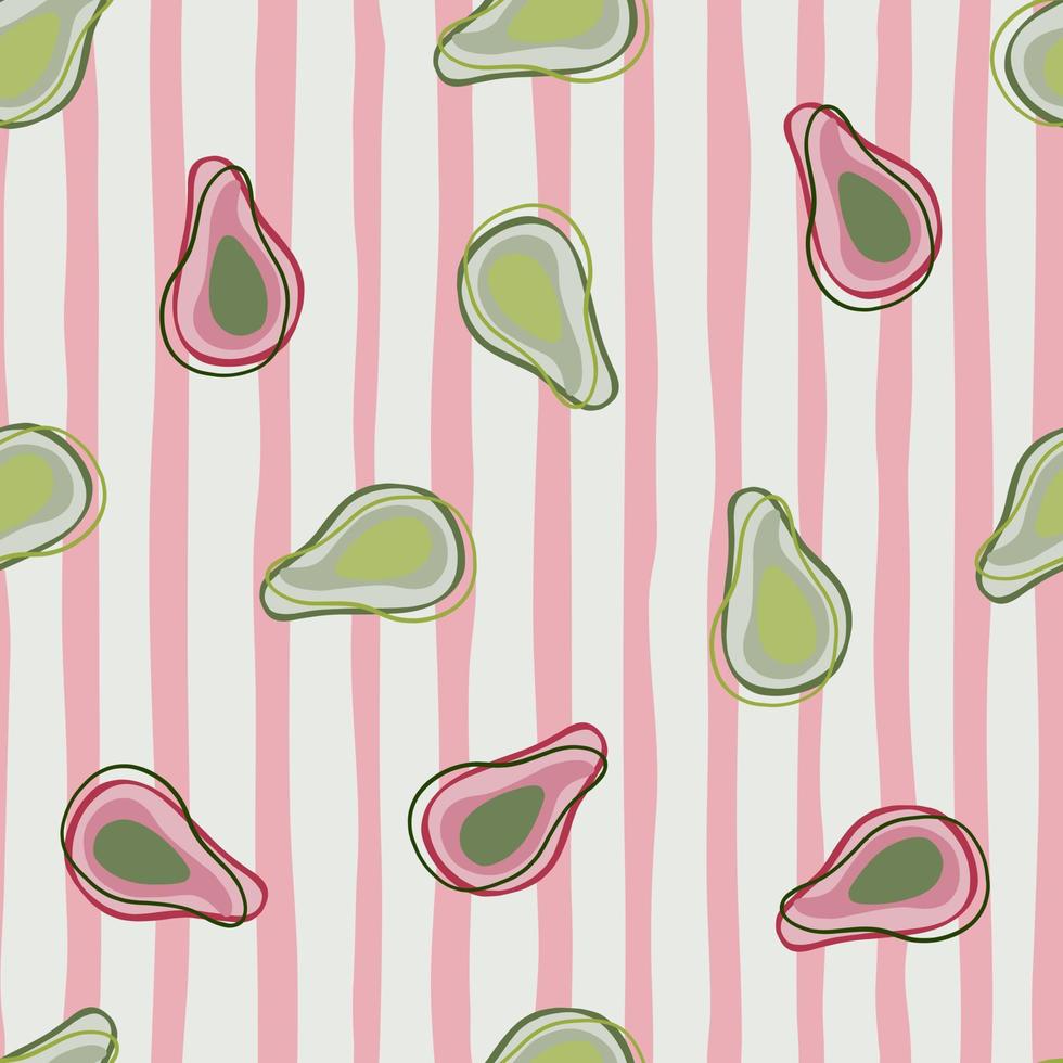 Hand drawn seamless pattern with random organic pink and green avocado shapes. Pink striped background. vector