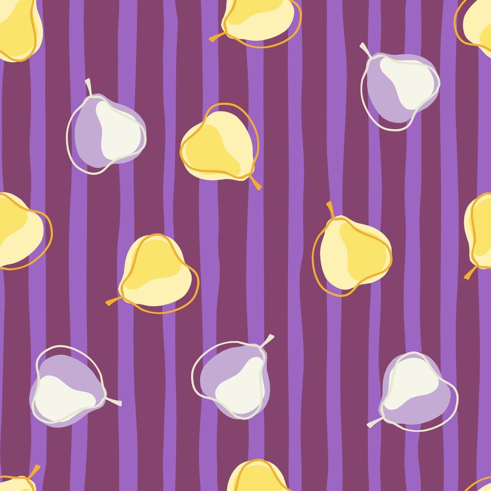 Minimalistic funny style seamless pattern with yellow pears ornament. Purple striped background. Garden print. vector