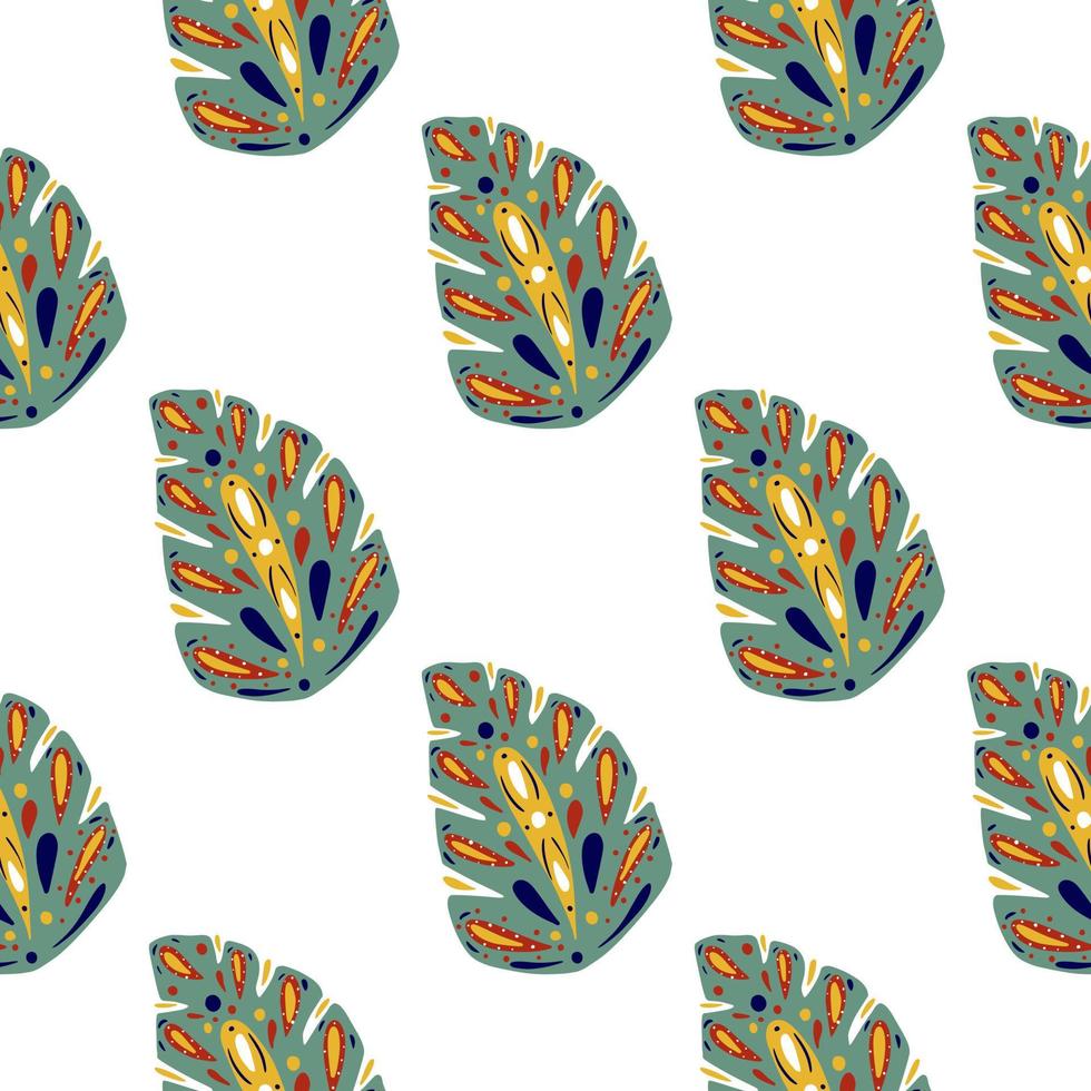 Exotic nature seamless pattern with doodle folk monstera elements print. Isolated ornament. vector