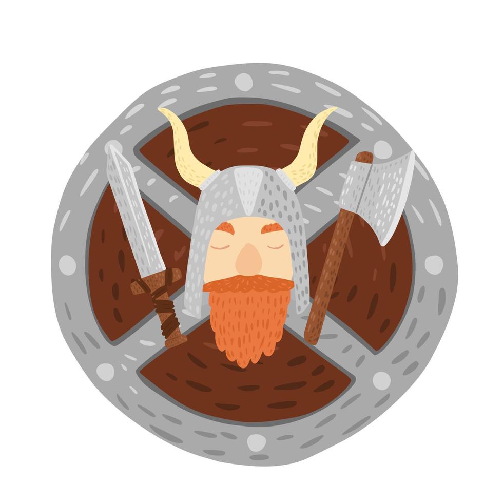 composición vikingos en casco con escudo, espada y hacha sobre fondo blanco. caricatura linda en estilo garabato. vector