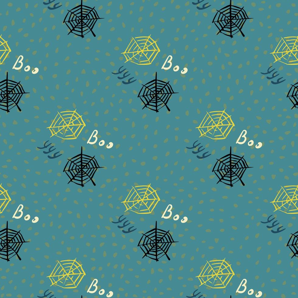 Yellow and black spider web seamless halloween background. Turquoise background. Spooky style. vector
