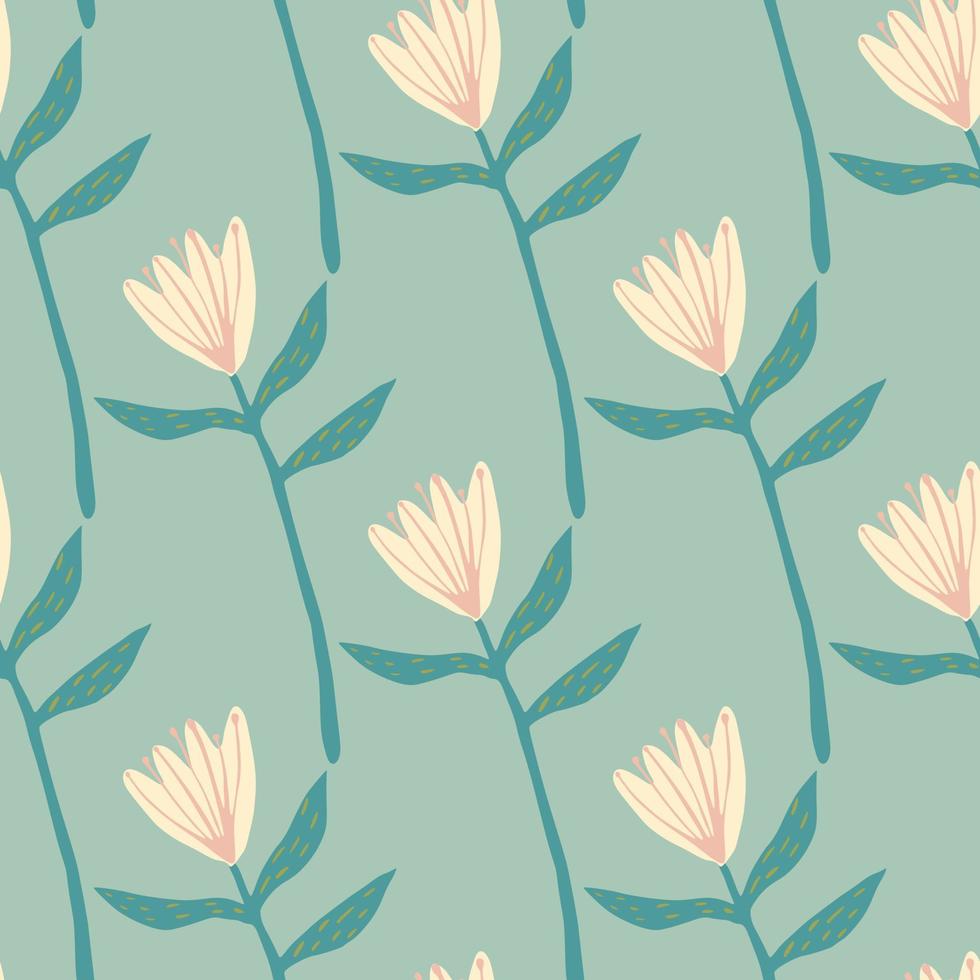 Spring seamless pattern with light pink flower shapes. Soft turquoise background. Hand drawn botanic ornament. vector