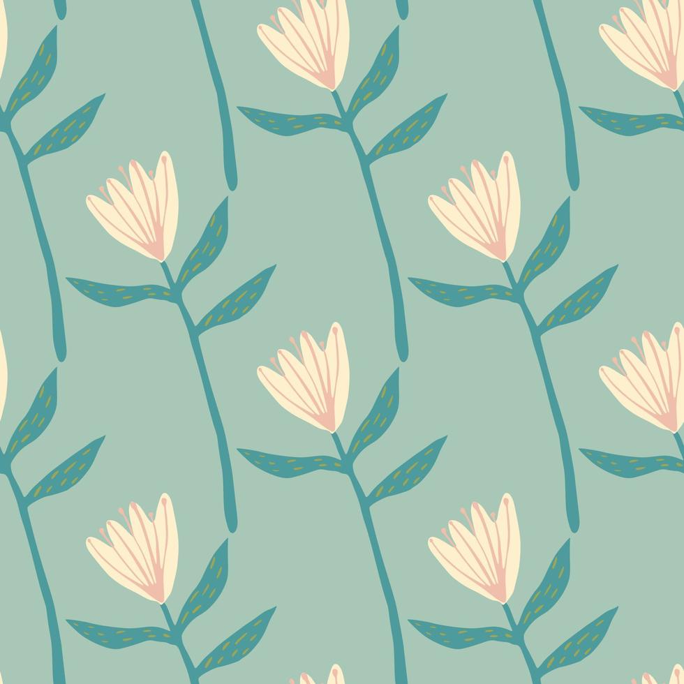 Spring seamless pattern with light pink flower shapes. Soft turquoise background. Hand drawn botanic ornament. vector