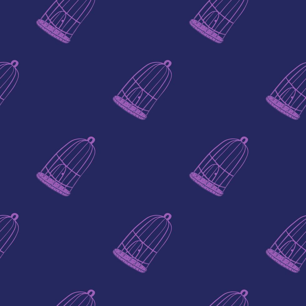 Minimalistic seamless doodle pattern with hand drawn bird cage ornament. Navy blue background. vector