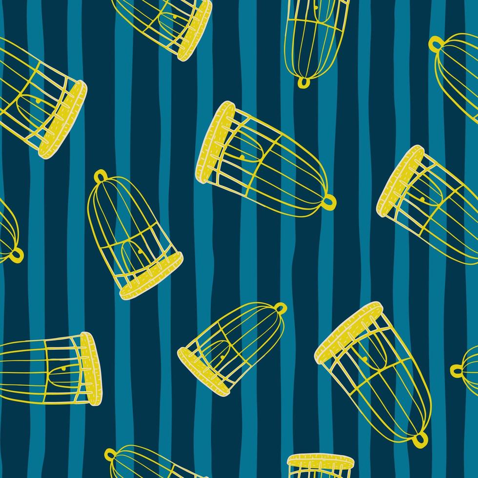 Random seamless pattern with bright yellow bird cage ornament. Navy blue striped background. vector