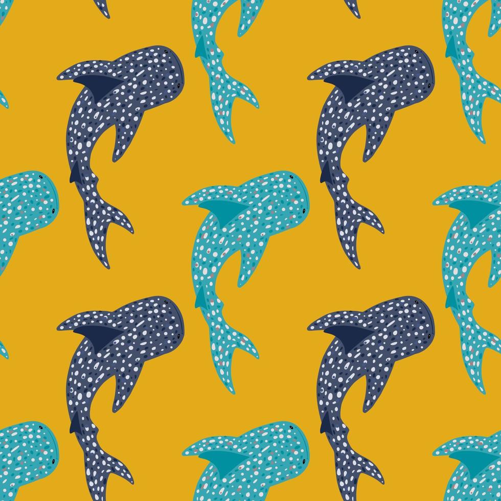 Bright contrast seamless animal pattern with blue and navy whale shark shapes. Yellow background. vector