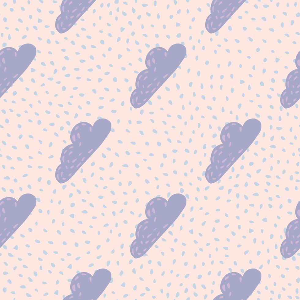 Tender seamless pattern with hand drawn purple clouds. Pink pastel dotted background. vector