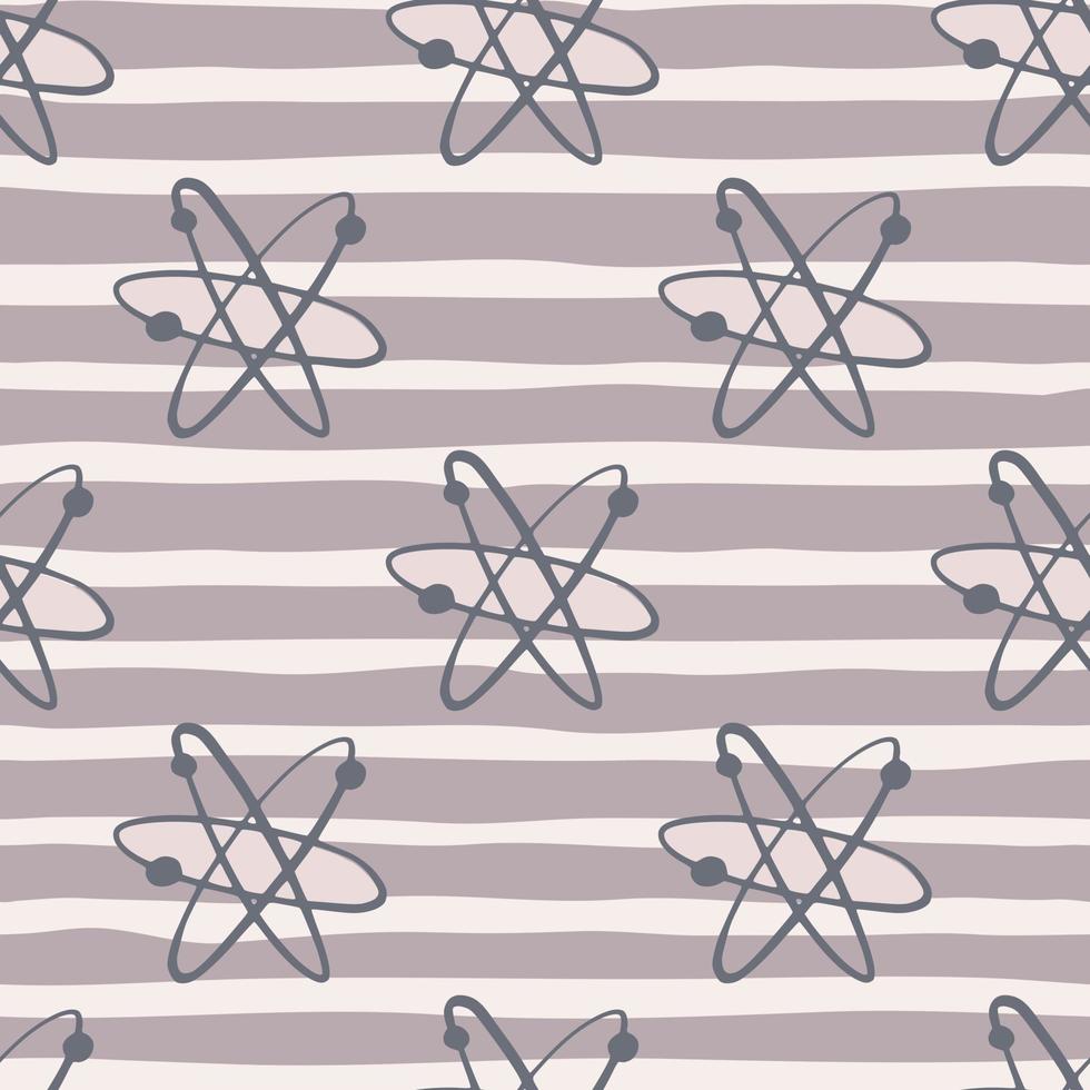 College education seamless pattern with atom shapes. Chemical print with pastel purple striped background. vector