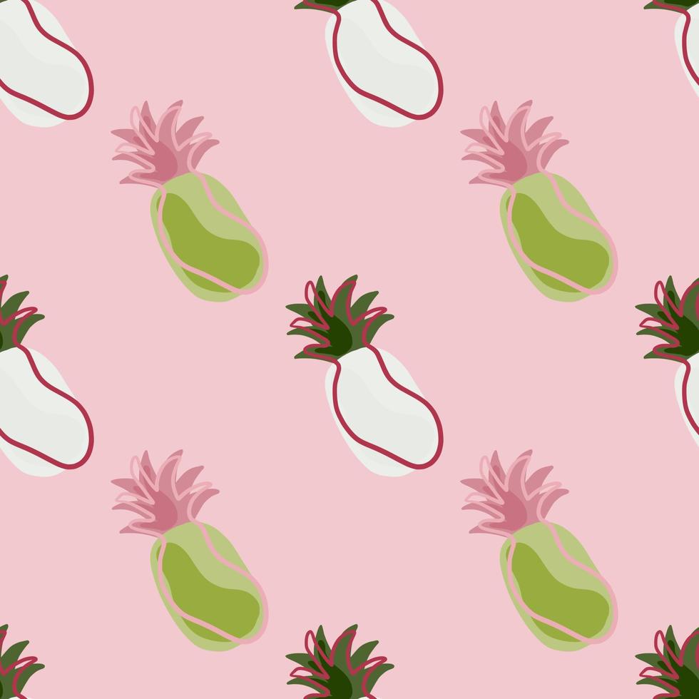 Minimalistic style seamless pattern with green and white contoured pineapple fruits print. Pink background. vector