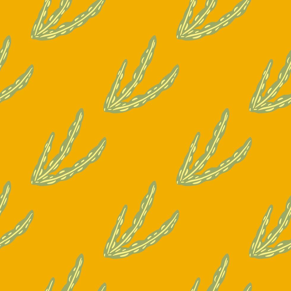Hand drawn light green seaweed branches seamless pattern. Doodle print. Bright orange background. vector