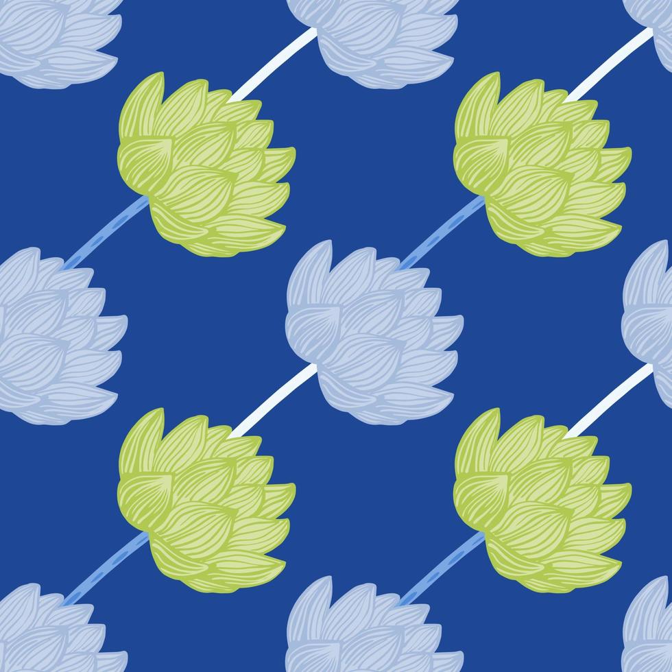 Minimalistic pale tones seamless pattern with light blue and yellow lotus elements shapes. Navy blue background. vector