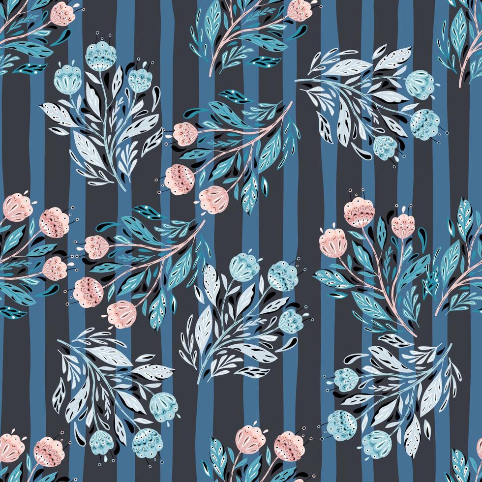 Botanic seamless pattern with random folk flowers silhouettes print. Striped blue background. vector