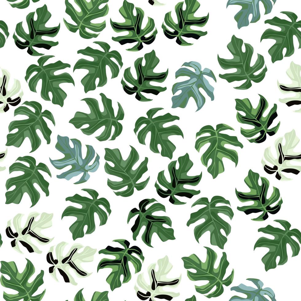 Random isolated seamless monstera leaf pattern. Little green botanic ornament on white background. vector