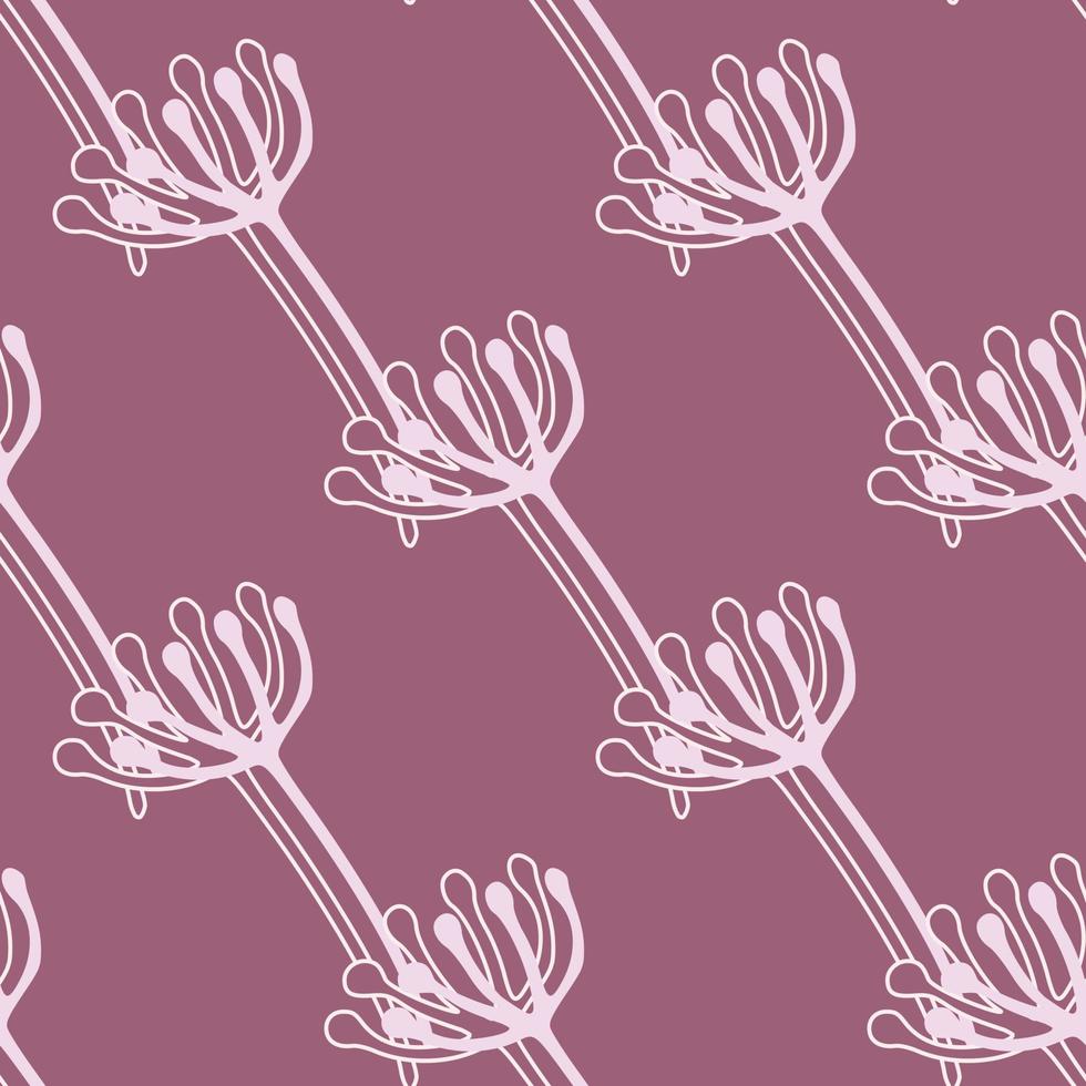 Floral seamless pattern with outline dandelion flowers elements. Purple background with white botanic ornament. vector