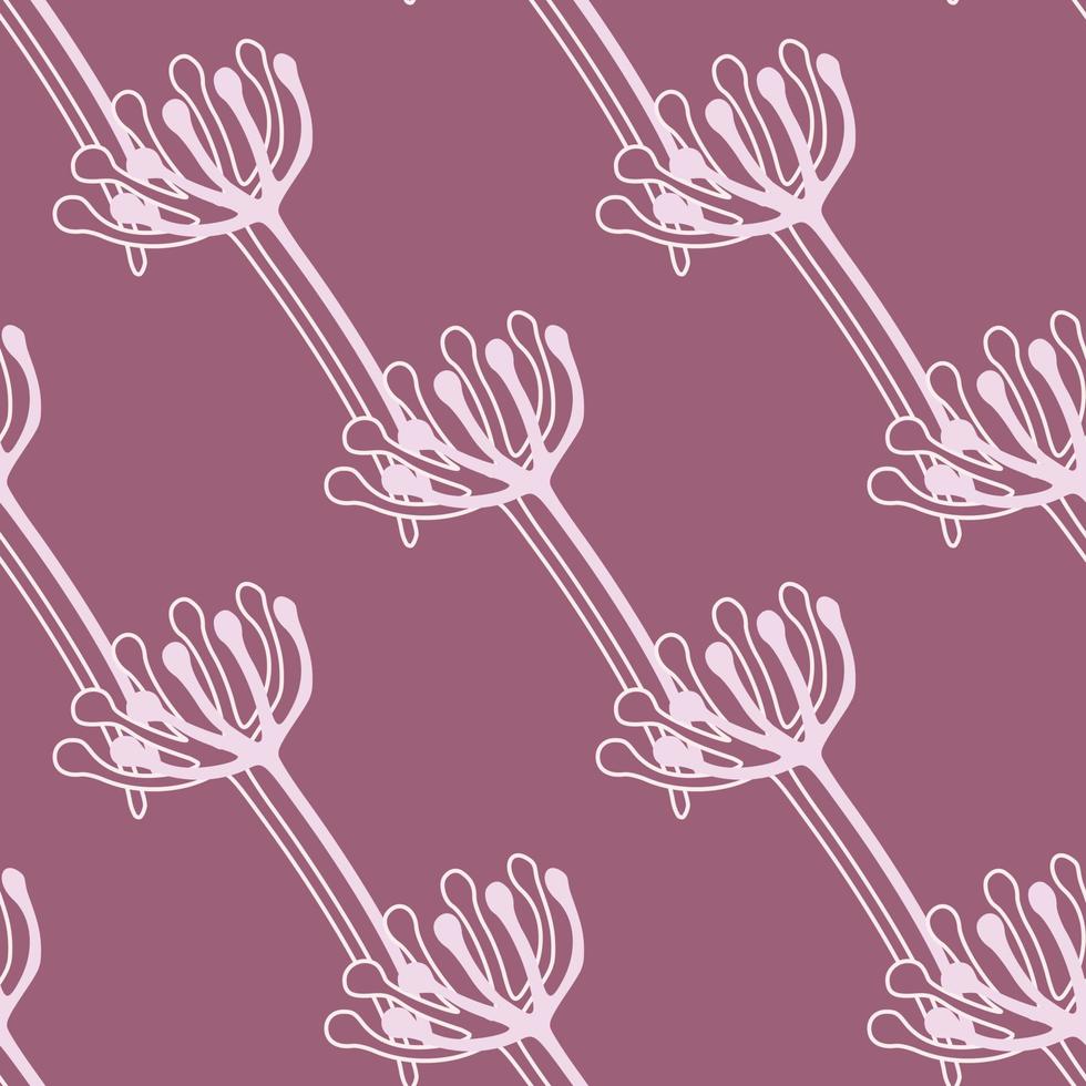 patrón floral transparente con elementos de flores de diente de león de contorno. fondo morado con adorno botánico blanco. vector