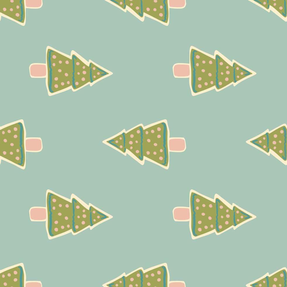 Seamless pattern with doodle christmas fir tree cookie shapes. Green forest delicious print on blue background. vector