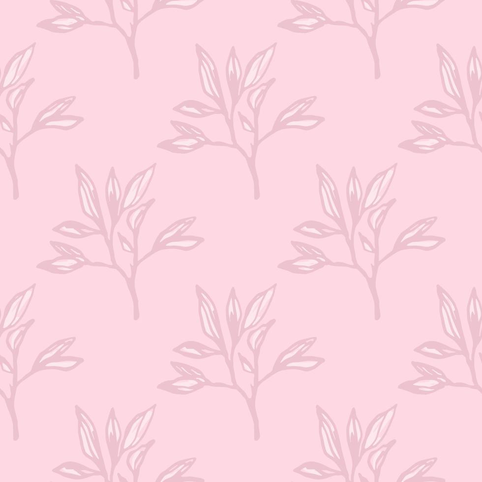 Minimalistic seamless branch foliage pattern. Botanic leaves ornament in stylized print in pink palette. vector