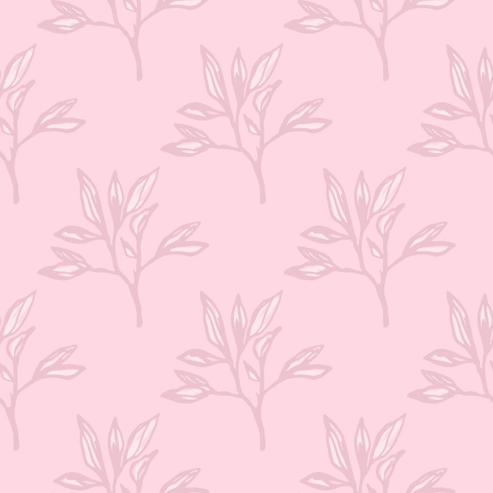 Minimalistic seamless branch foliage pattern. Botanic leaves ornament in stylized print in pink palette. vector