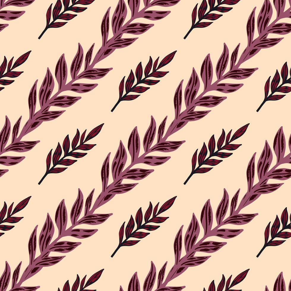 Purple and red colored leaves branches seamless pattern. Doodle nature ornament on light pink backgound. vector